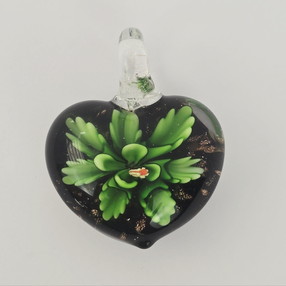 Handmade Lampwork Glass Heart Pendant – Green‎ Succulent Flower Design